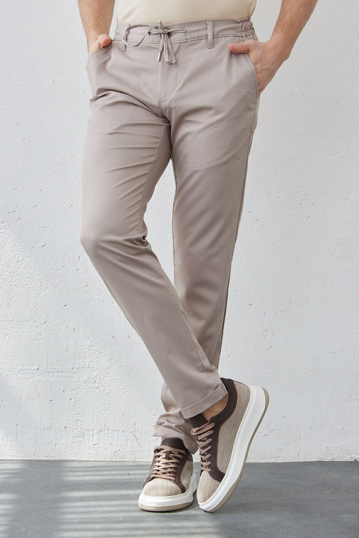 RAVANELLI-Light Gray Stretchy Lycra Men's Slim Fit Jogger Pants - Elastic Waist and Lace-up 8