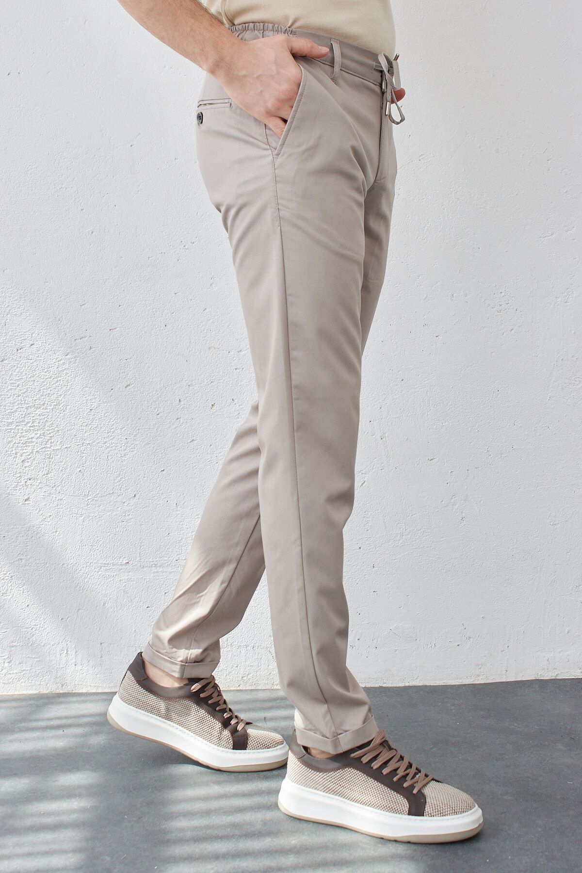 RAVANELLI-Light Gray Stretchy Lycra Men's Slim Fit Jogger Pants - Elastic Waist and Lace-up 7