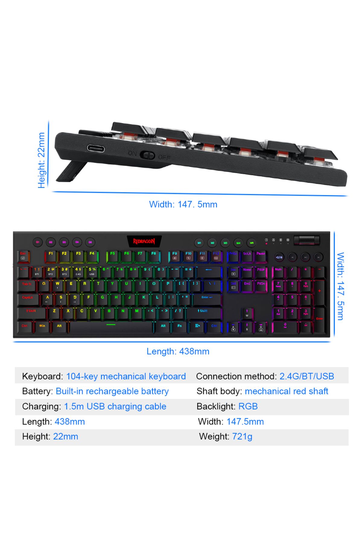 Choice-REDRAGON Horus K618 RGB support Bluetooth 5.0 wireless USB 2.4G 3 mode Mechanical Gaming Keyboard... 6