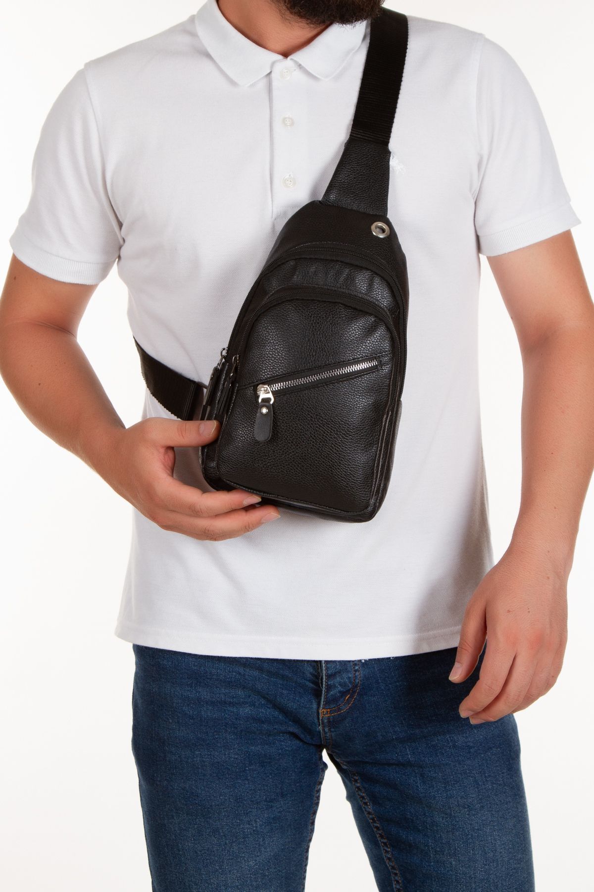 Newish Polo Unisex Siyah Vegan Suni Deri Kulaklık Çıkışlı Çapraz Omuz ve Göğüs Çantası (Günlük,Seyahat,Okul) görsel 2