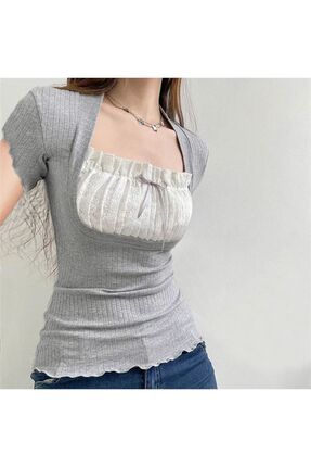 Köstebek Beyaz Yaka Detay Gri Kısa Kollu Bluz