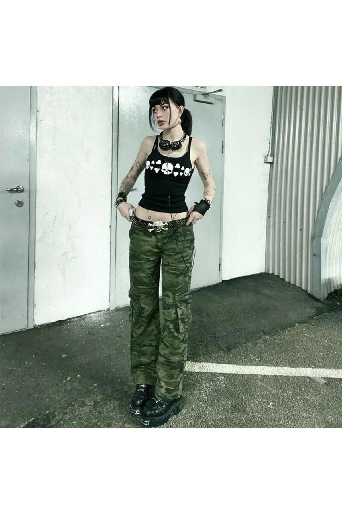 Köstebek-Y2k Harajuku Skull Punk με λουράκι μαύρο μισό μπλουζάκι 5