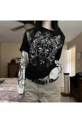 Köstebek Siyah Renaissance Pattern (unisex) Beyaz Kol Detaylı Uzun Kol T-shirt