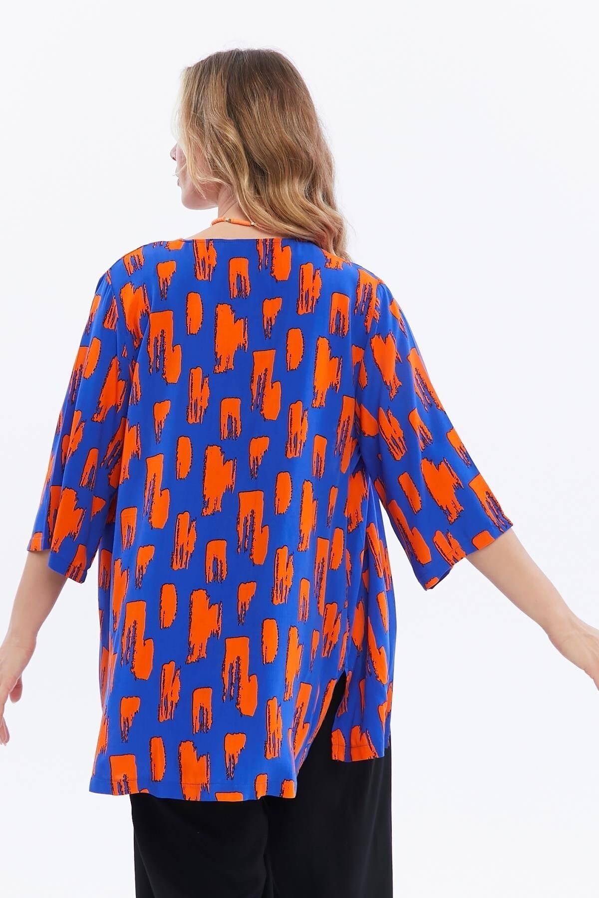 Seamoda-Saks Blue Patterned - Large Size Jacket with Viscose Sleeve Slits 5
