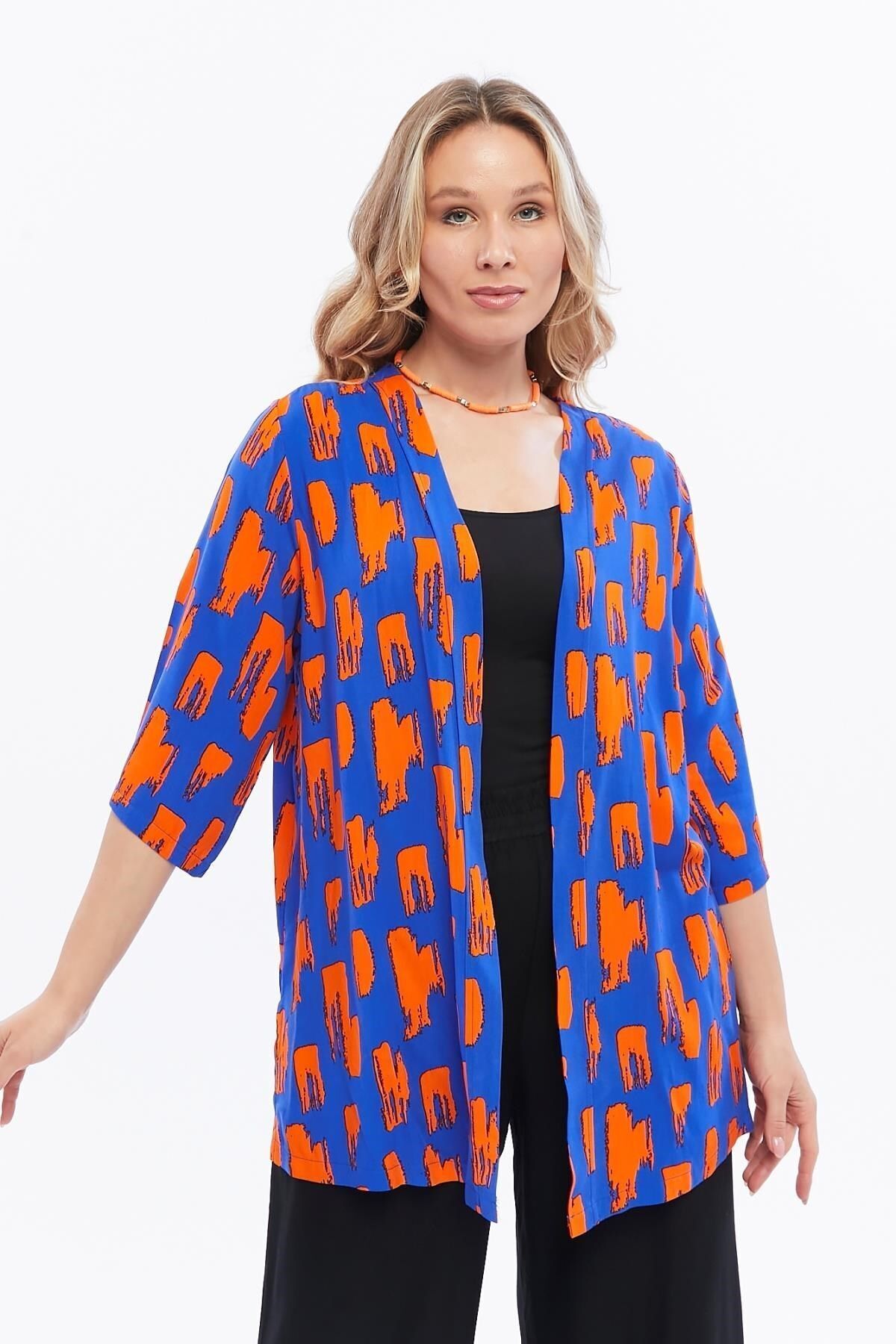 Seamoda-Saks Blue Patterned - Large Size Jacket with Viscose Sleeve Slits 8