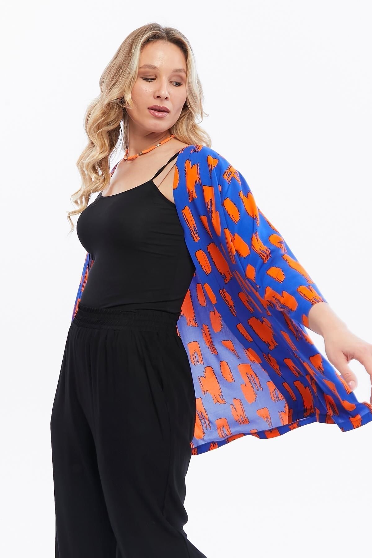Seamoda-Saks Blue Patterned - Large Size Jacket with Viscose Sleeve Slits 7