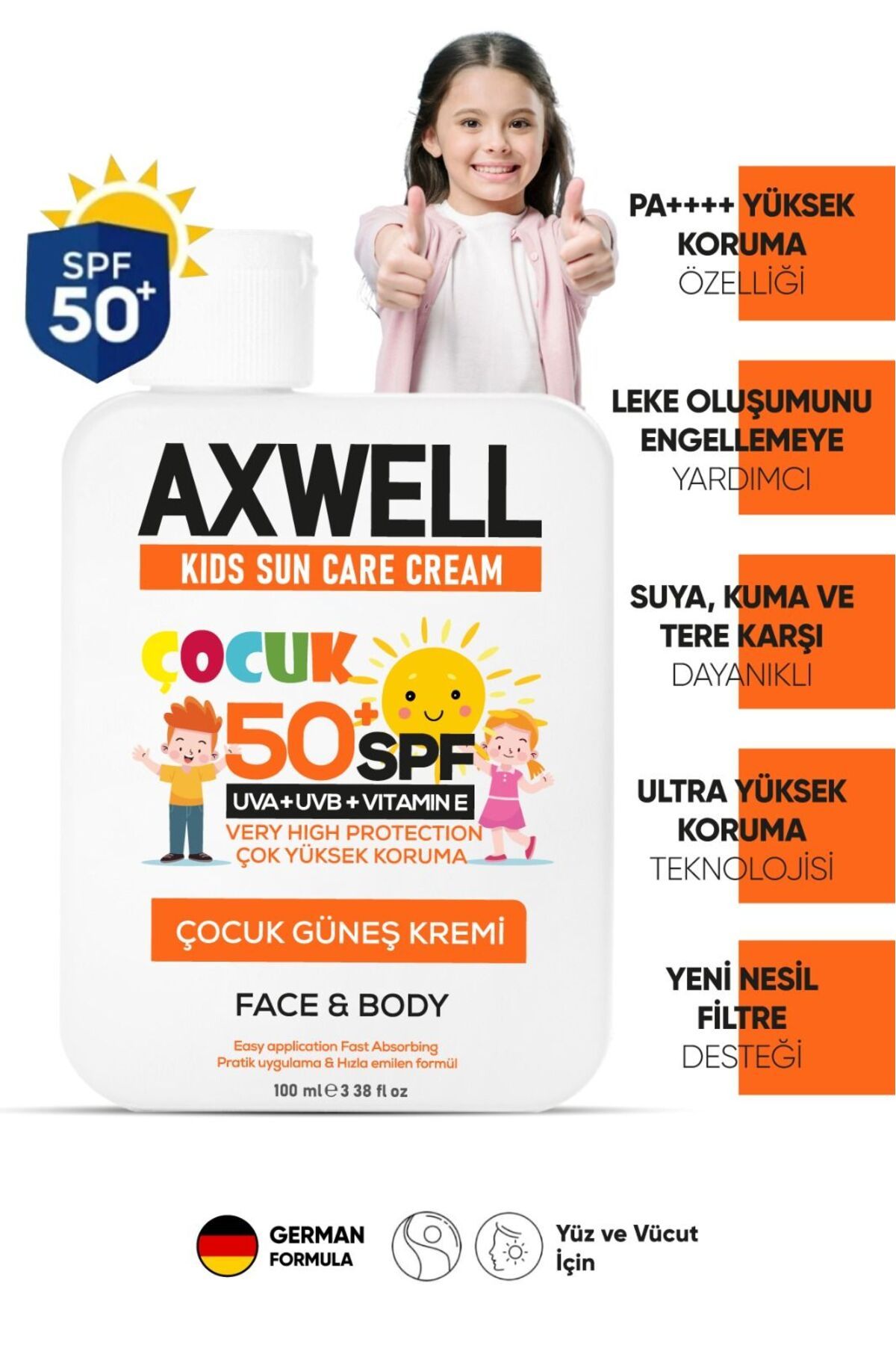 AXWELL Kids Sun Cream Çocuk Güneş Kremi Çok Yüksek Koruma Spf 50 100ml CGK001