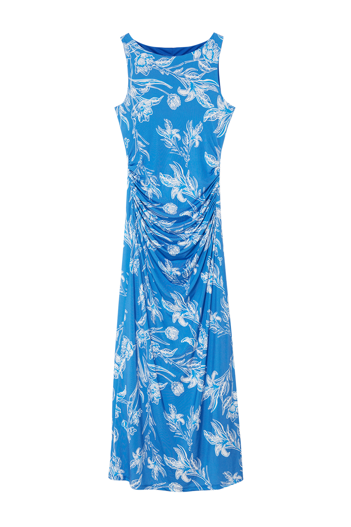 Trendyolmilla  Mavi Çiçekli Baskılı Parlak Yüzeyli Kayık Kaya Vücuda Oturan Esnek Örme Kalem Elbise TWOSS24EL00528 - Görsel 6