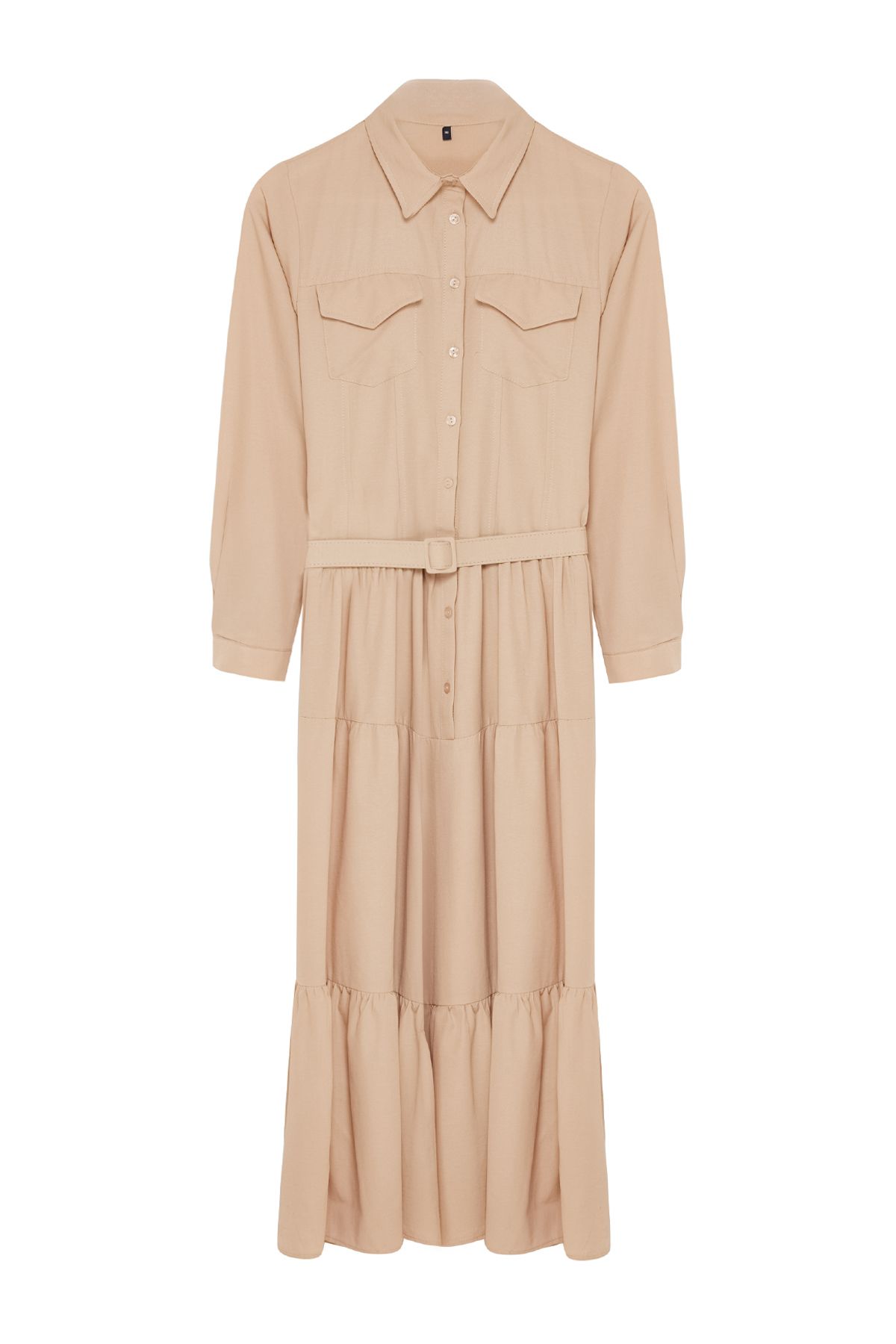 Trendyol Modest-Βαμβακερό Μπεζ Πουκάμισο Φόρεμα - Ζώνη, Υφαντό TCTSS24EB00254 6