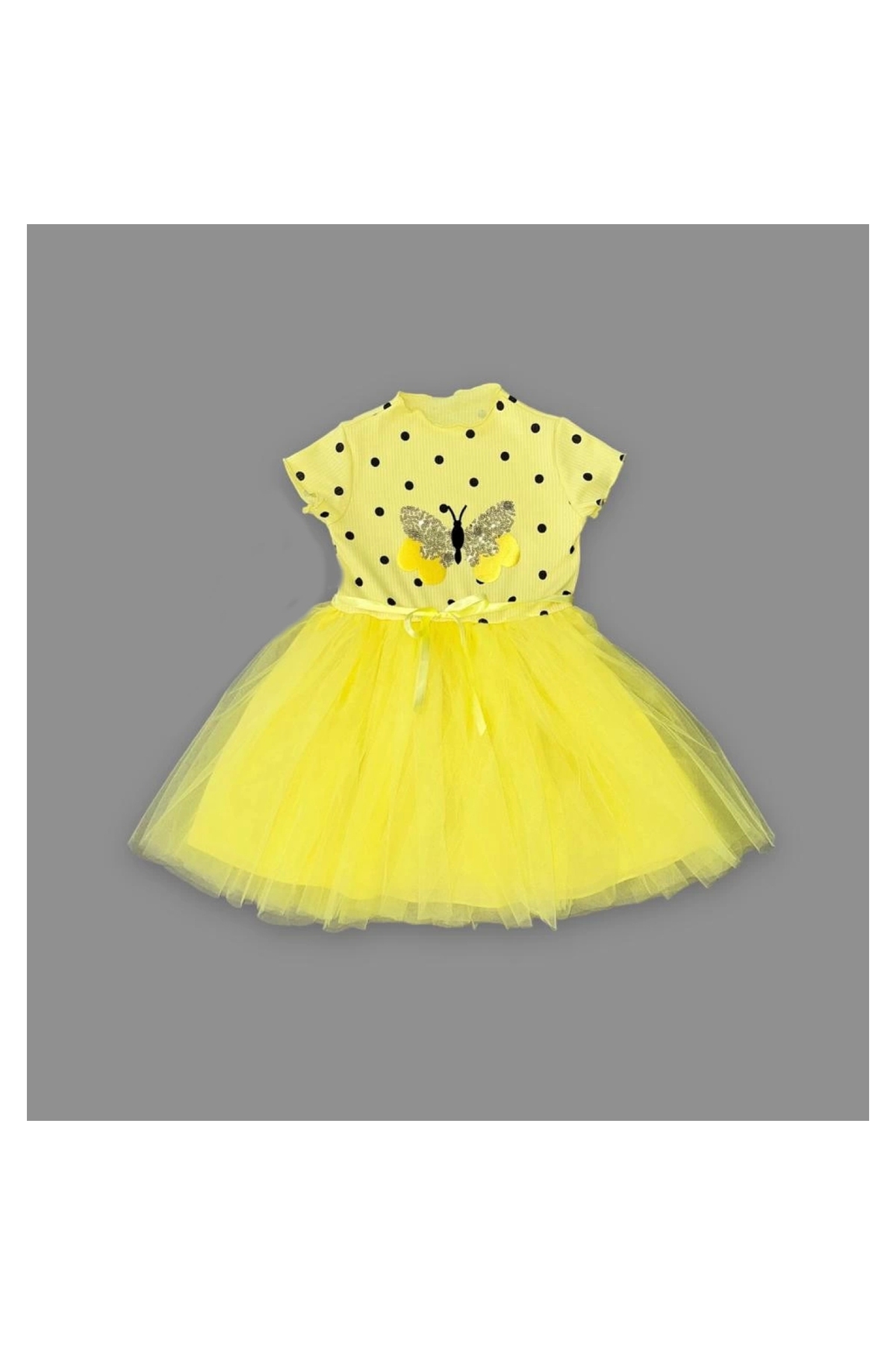 Sequined Butterfly Patterned Polka Dot Girl's Dress
