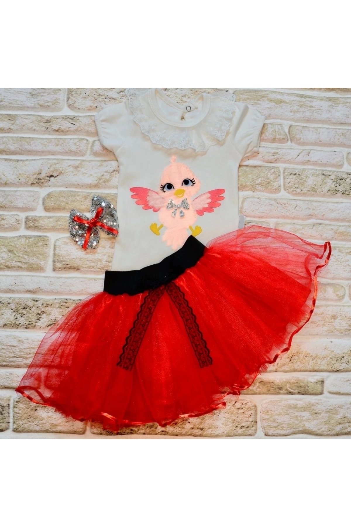 Bird Patterned T-Shirt, Tutu Skirt, 2-Piece Baby Girl Set with Buckle Gift