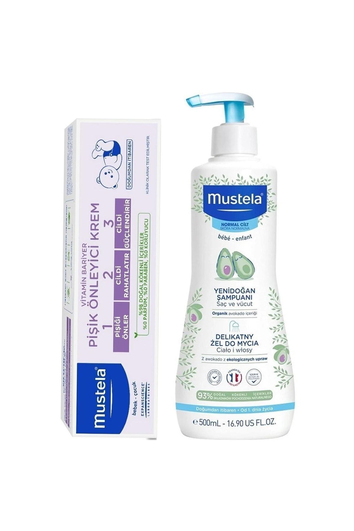 Mustela Шампунь для волос и тела для новорожденных 500 мл + крем от опрелостей 100 мл mst3504105035792-92