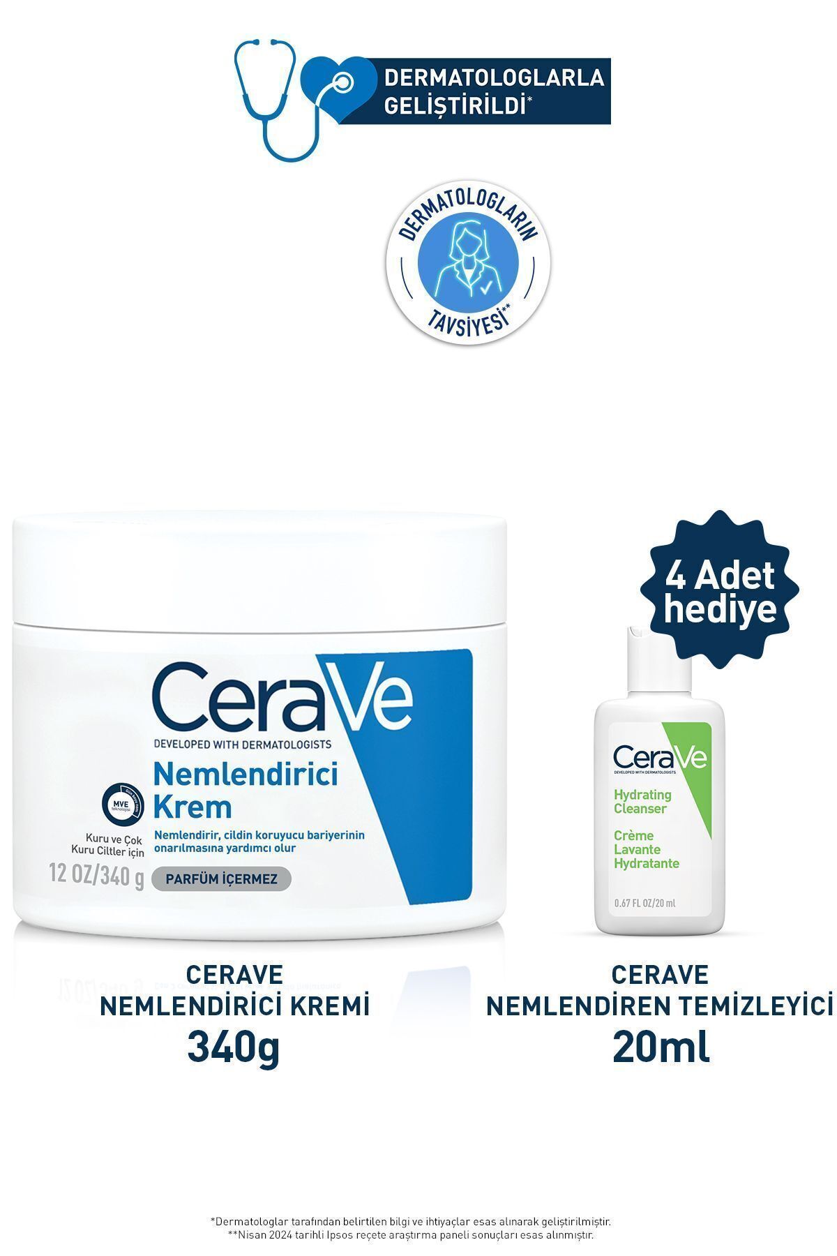 Набор для ухода за сухой кожей CeraVe: увлажняющий крем Cerave 340 г и увлажняющее очищающее средство 20 млx4 CRV20240003