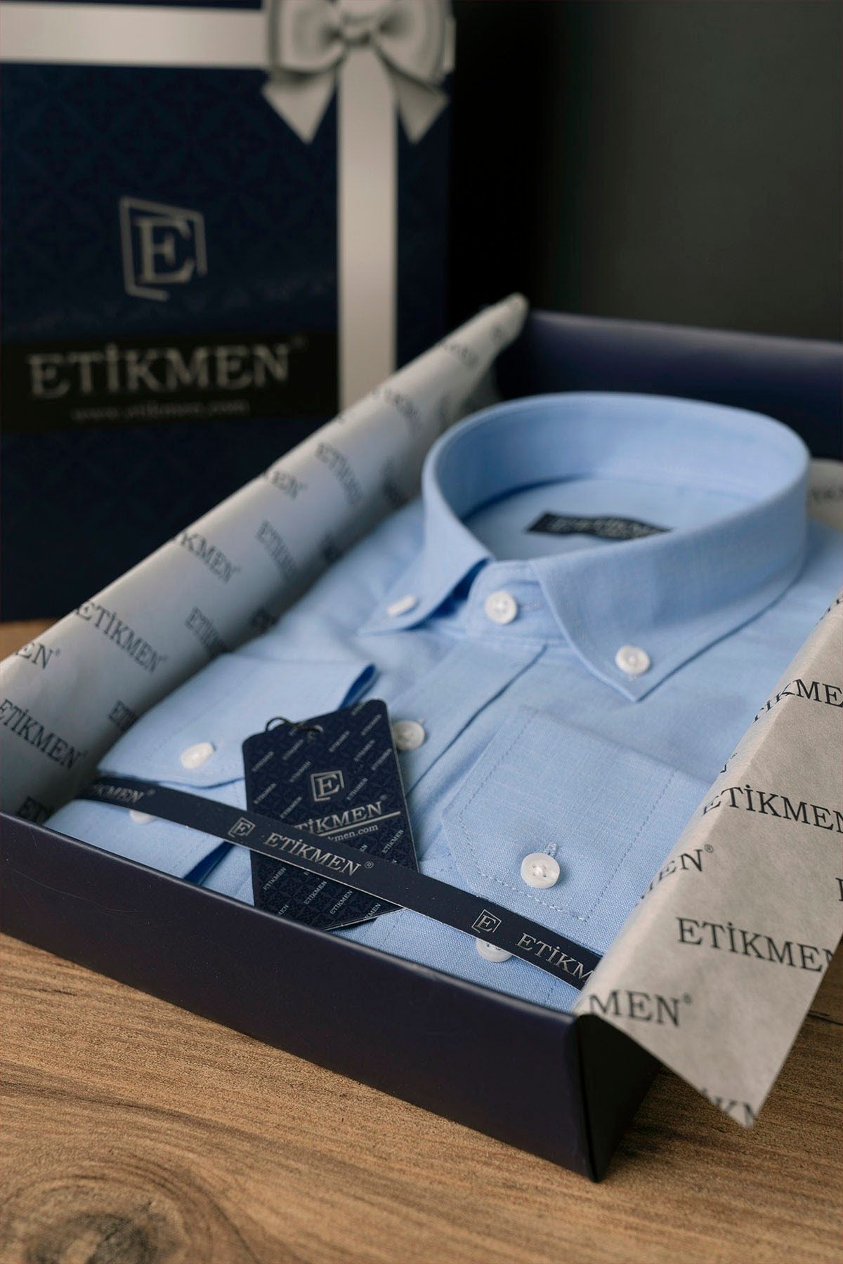 Etikmen-Leinen Slimfit Herrenhemd - Blauer Kragen, geknöpft, Geschenkbox 7