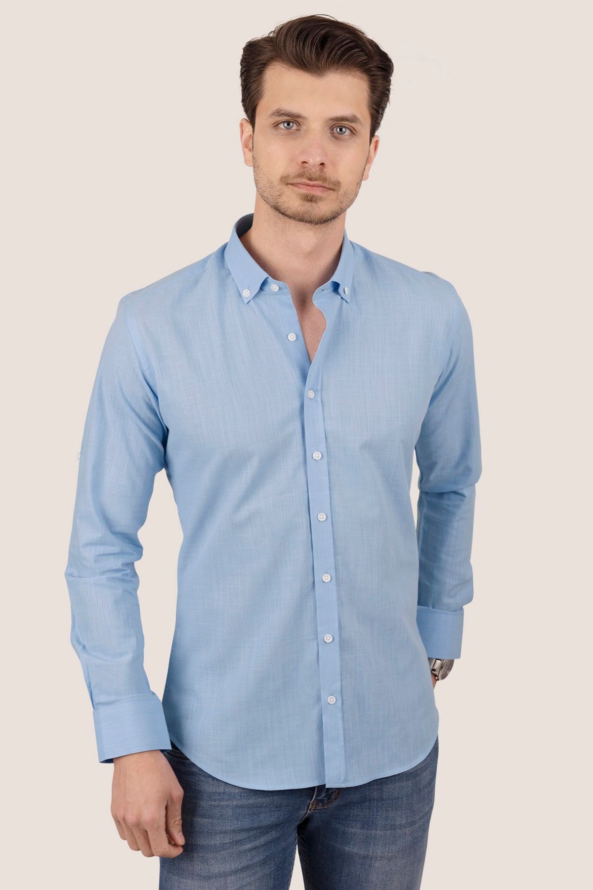 Etikmen-Leinen Slimfit Herrenhemd - Blauer Kragen, geknöpft, Geschenkbox 5