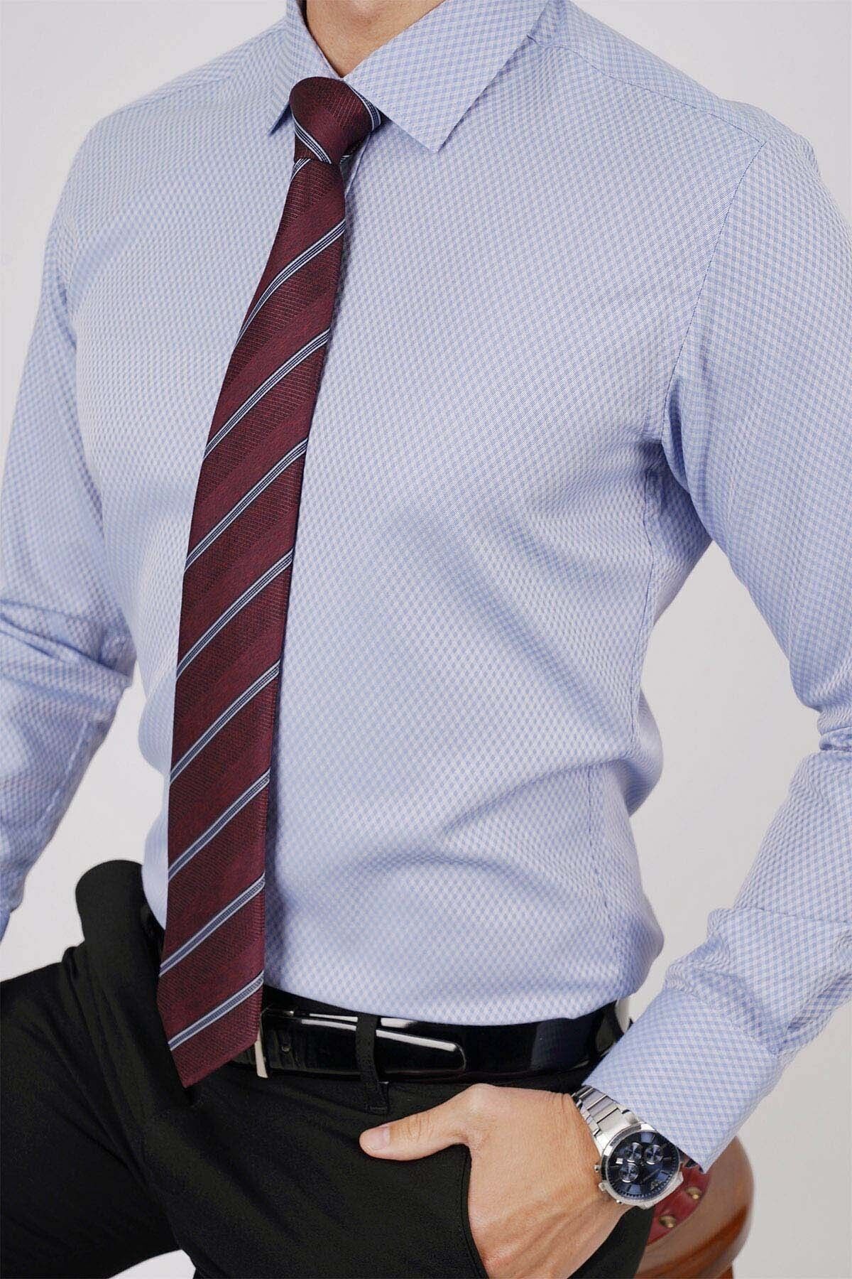 Etikmen-Shirt and Tie Set (burgundy Striped Tie & Blue Checkered Dobby Patterned Slimfit Shirt) 2