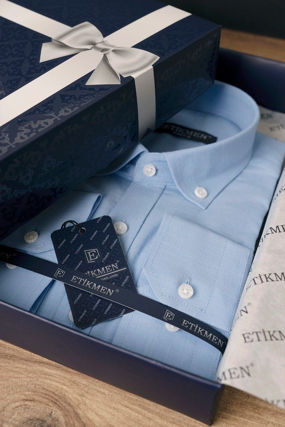 Etikmen-Leinen Slimfit Herrenhemd - Blauer Kragen, geknöpft, Geschenkbox 4