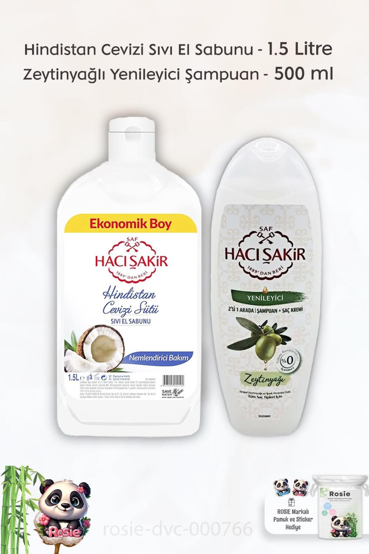 صابون دست مایع نارگیل 1500 میلی لیتر، روغن زیتون 2 در 1 شامپو 500 میلی لیتر و رزی Hacı Şakir
