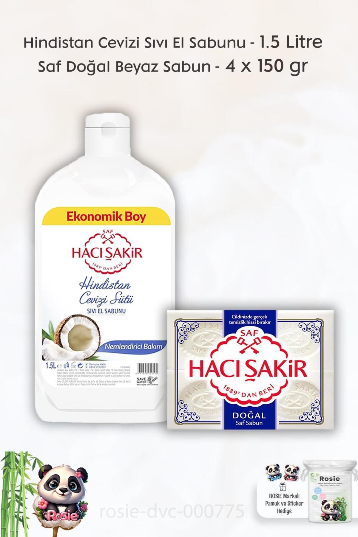 صابون دست مایع نارگیل 1500 میلی لیتر، صابون طبیعی خالص 4 x 150 گرم و رزی Hacı Şakir