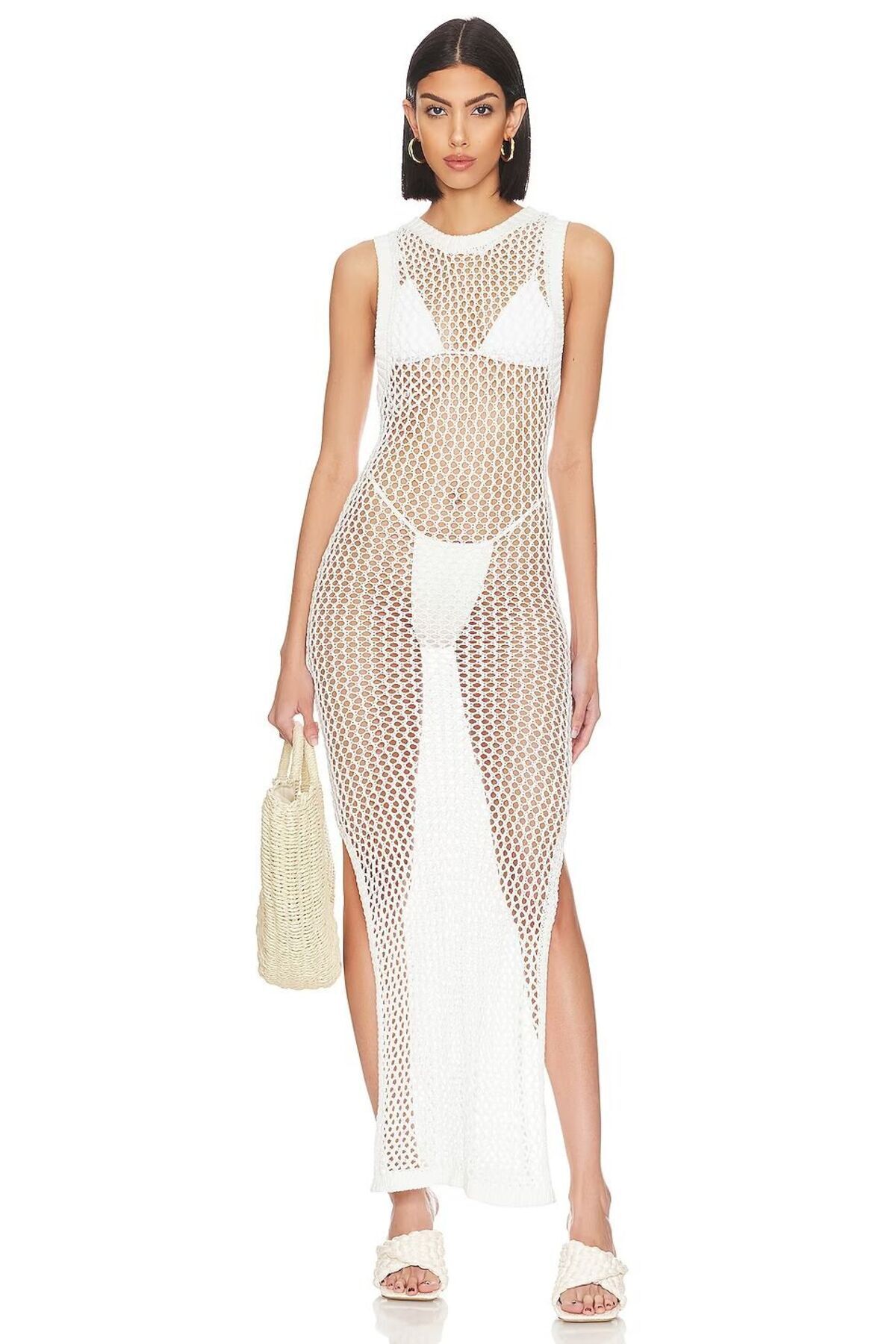 Women's Crew Neck Long White Beach Dress with Rope Strap Sleeveless Slit Mesh Back Neckline