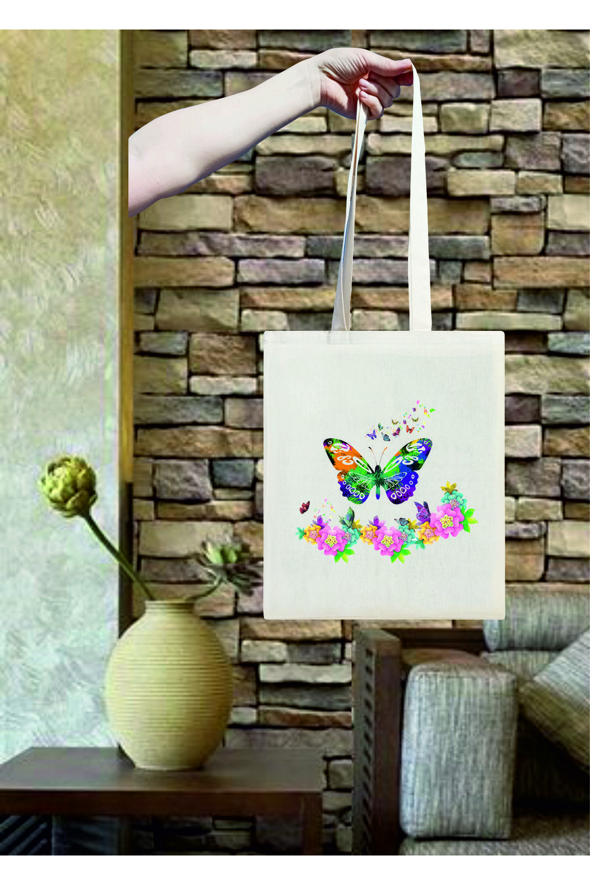 Flowers Butterflies Printed Cotton Raw cloth bag 35X40 cm