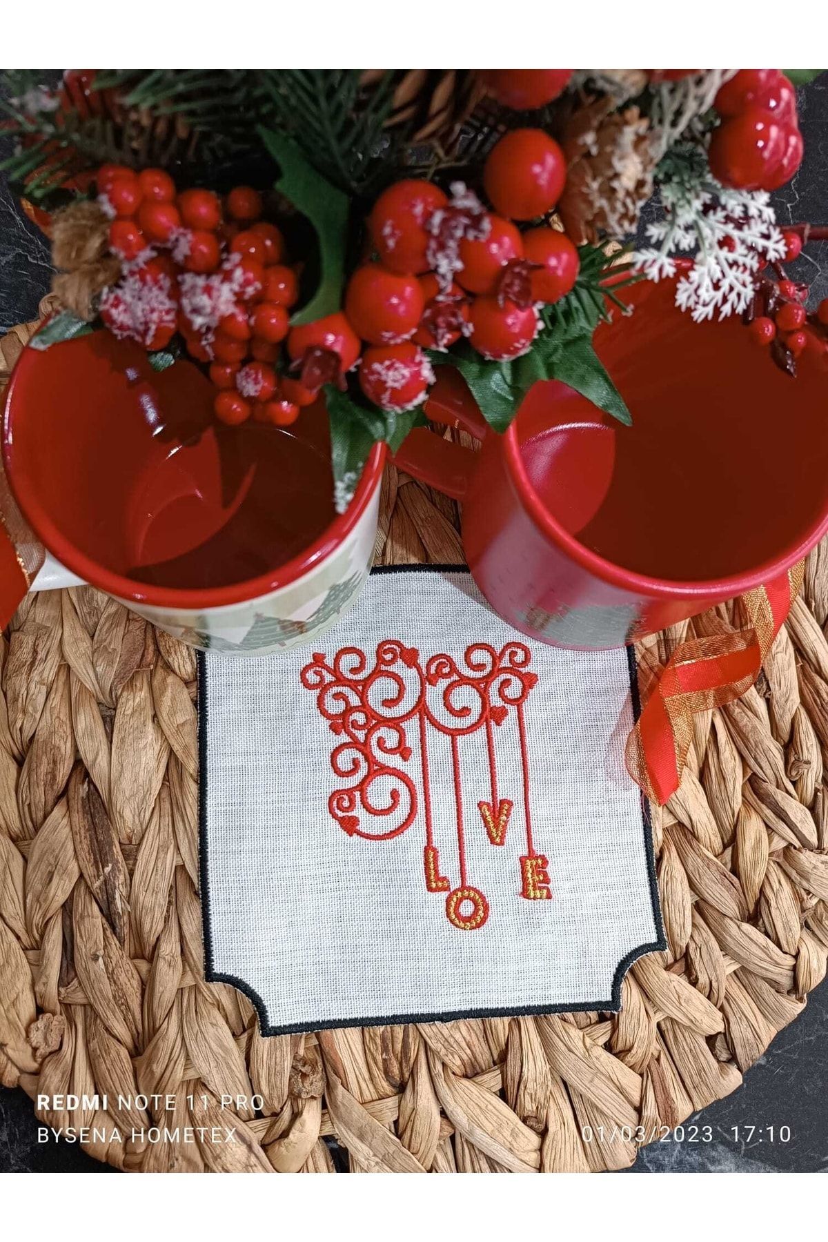 Love Kokteyl Ve Kahve Yanı Sunum Peçetesi 2 Adet Ekru Kumaşa Siyah Nakışlı