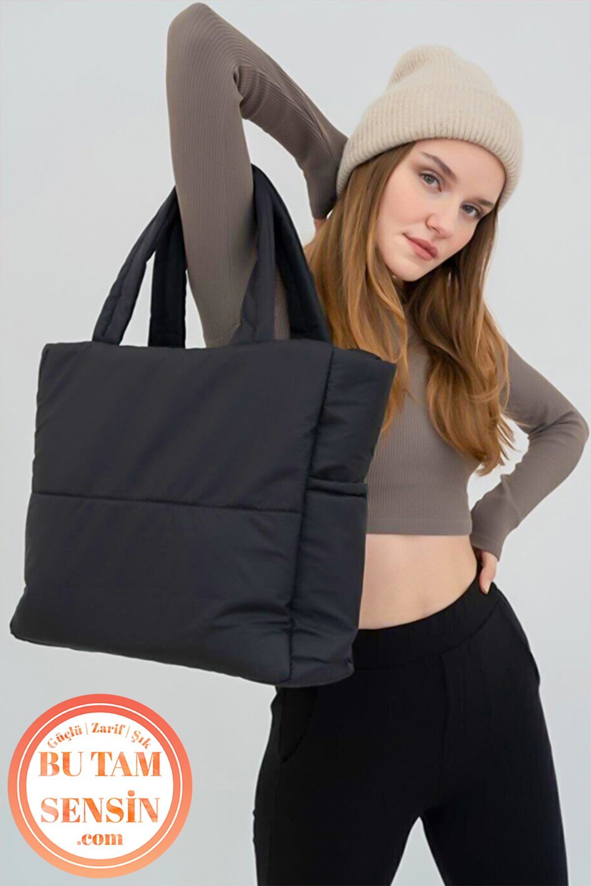 Bu Tam Sensin  Siyah Kadın Puf Kumaşlı Yanları Cepli Fermuarlı Çift Tutma Saplı Tote Bag Taşıma Çantası - Görsel 3