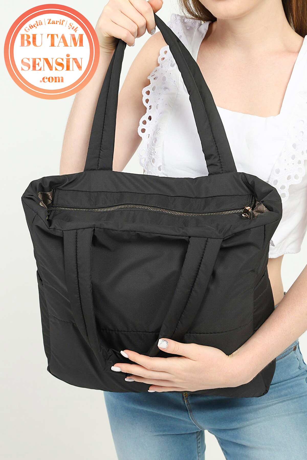 Bu Tam Sensin  Siyah Kadın Puf Kumaşlı Yanları Cepli Fermuarlı Çift Tutma Saplı Tote Bag Taşıma Çantası - Görsel 6