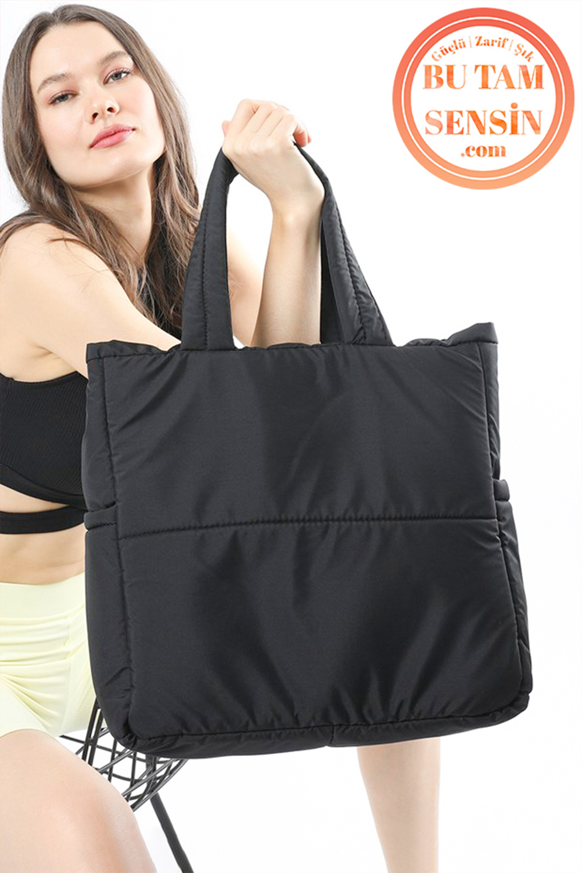 Bu Tam Sensin  Siyah Kadın Puf Kumaşlı Yanları Cepli Fermuarlı Çift Tutma Saplı Tote Bag Taşıma Çantası - Görsel 5