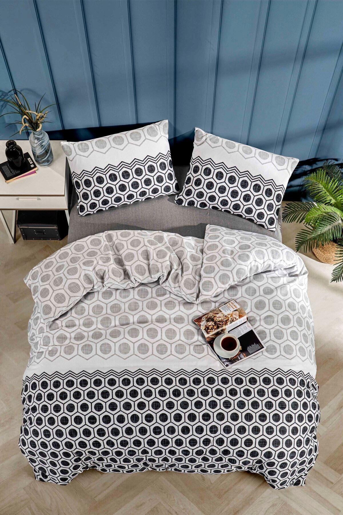 Tabu Home Geometrik Çarşafı Lastikli Antrasit Çift Kişilik Nevresim Takımı fotoğrafı 3 (önizleme)