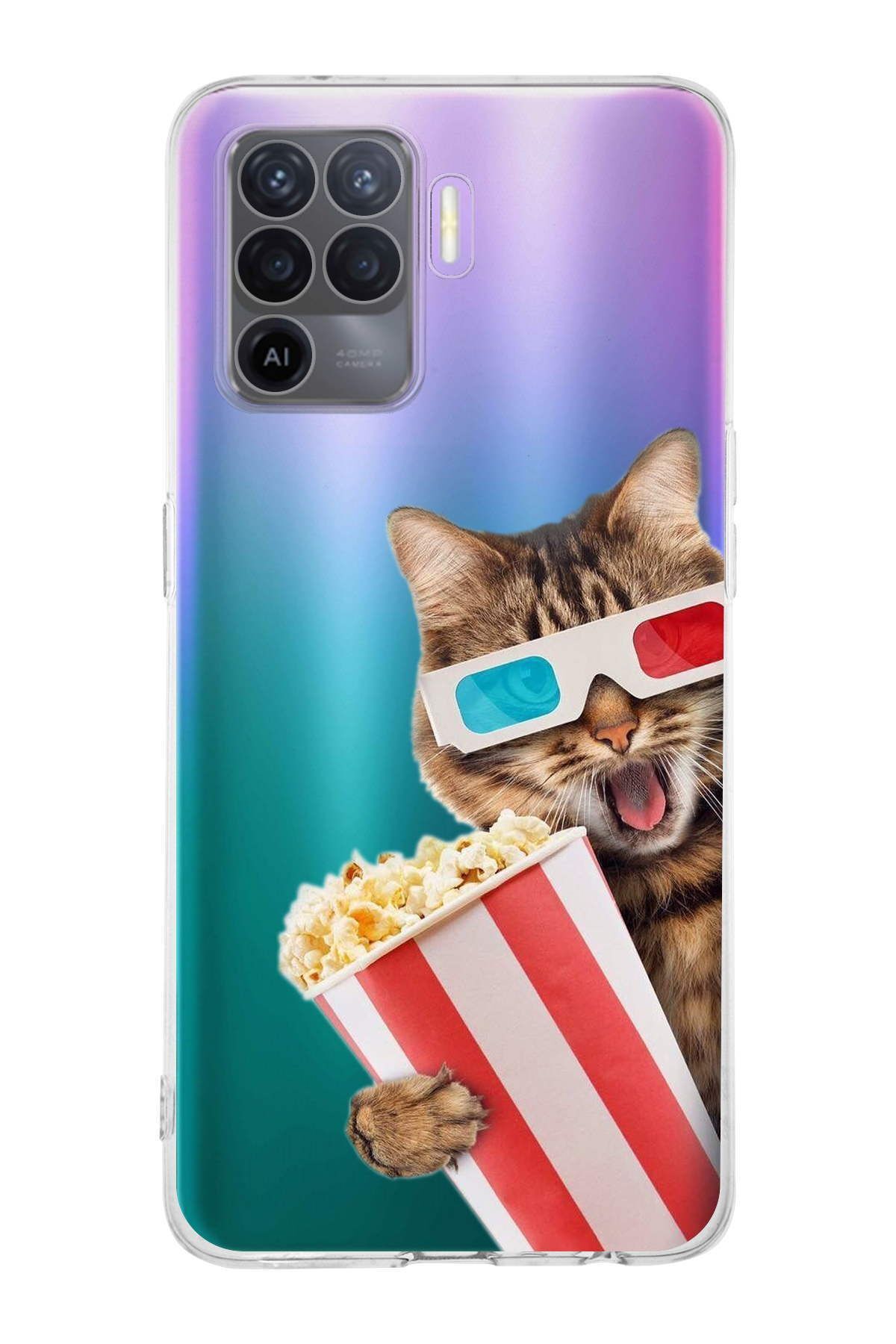 Oppo A94 ile Uyumlu 1mm Slim Fit Kedi 1 050b Baskılı Şeffaf Kılıf