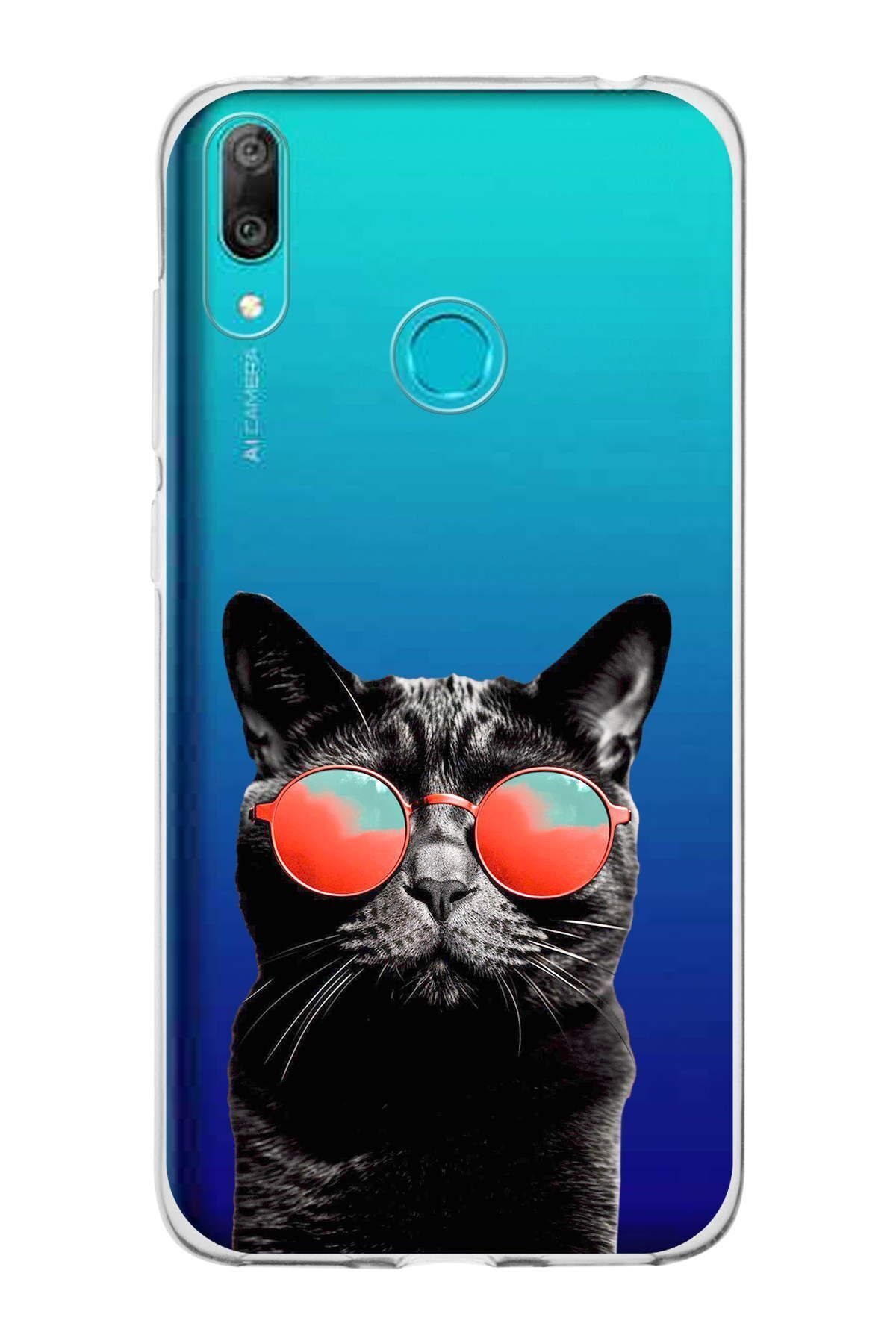 Huawei Y7 2019 ile Uyumlu 1mm Slim Fit Kedi 3 050d Baskılı Şeffaf Kılıf