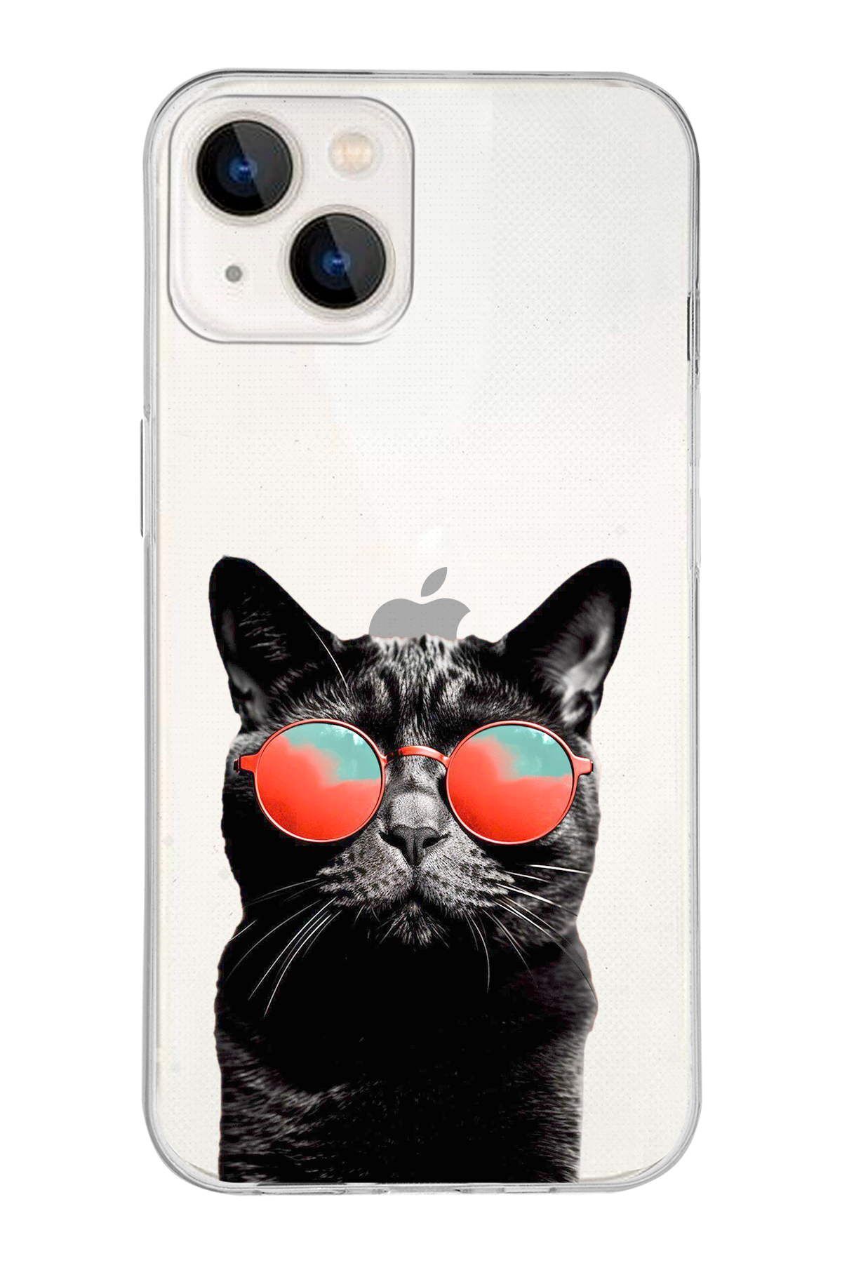 PrintiFy Apple iPhone 13 ile Uyumlu 1mm Slim Fit Kedi 3 050d Baskılı Şeffaf Kılıf