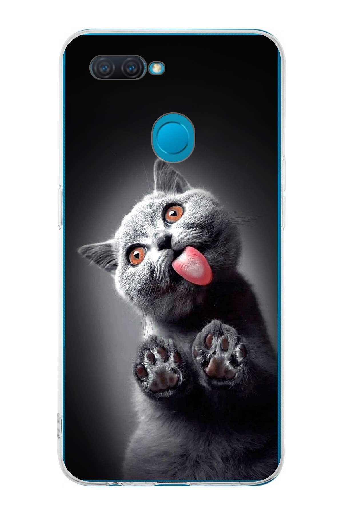 Oppo A5S ile Uyumlu 1mm Slim Fit Kedi 2 050c Baskılı Şeffaf Kılıf