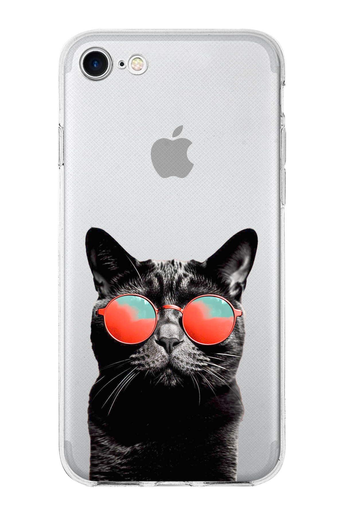 PrintiFy Apple iPhone SE 3 2022 ile Uyumlu 1mm Slim Fit Kedi 3 050d Baskılı Şeffaf Kılıf