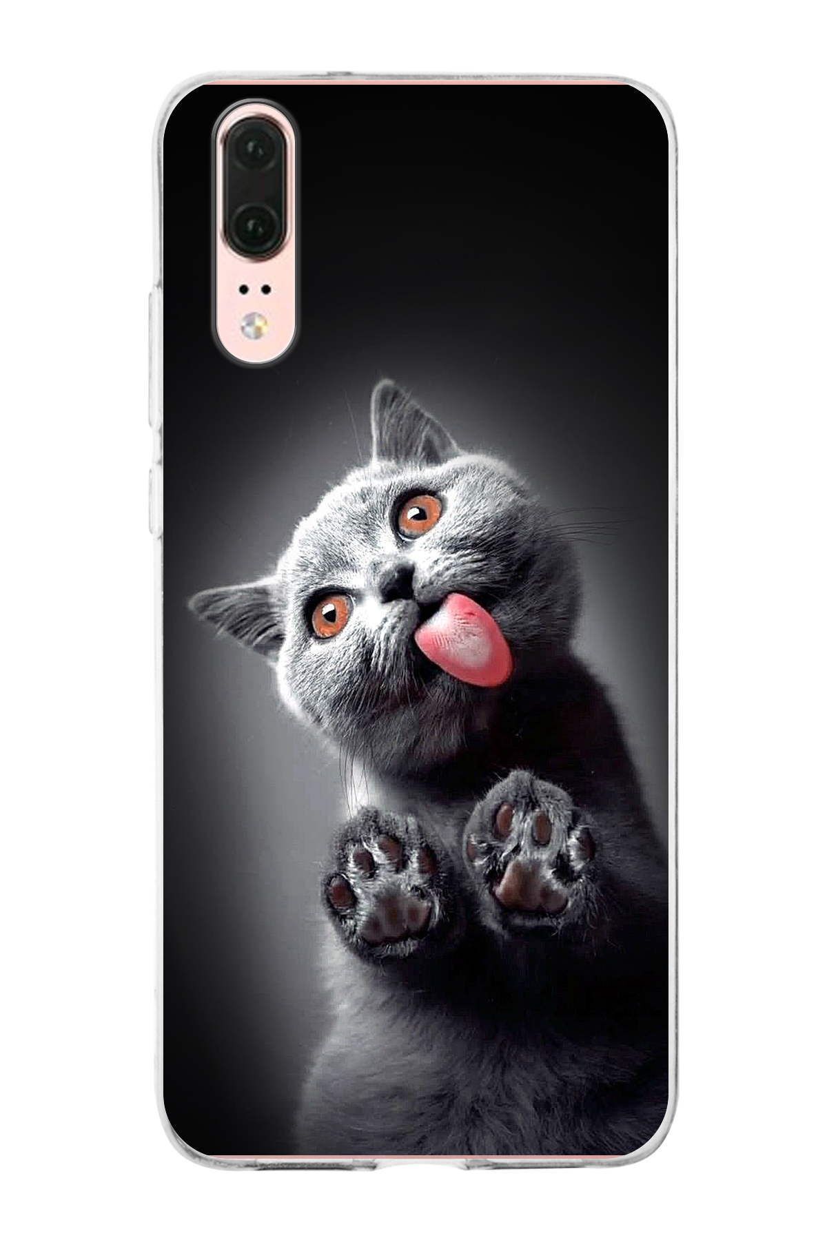 Huawei P20 ile Uyumlu 1mm Slim Fit Kedi 2 050c Baskılı Şeffaf Kılıf