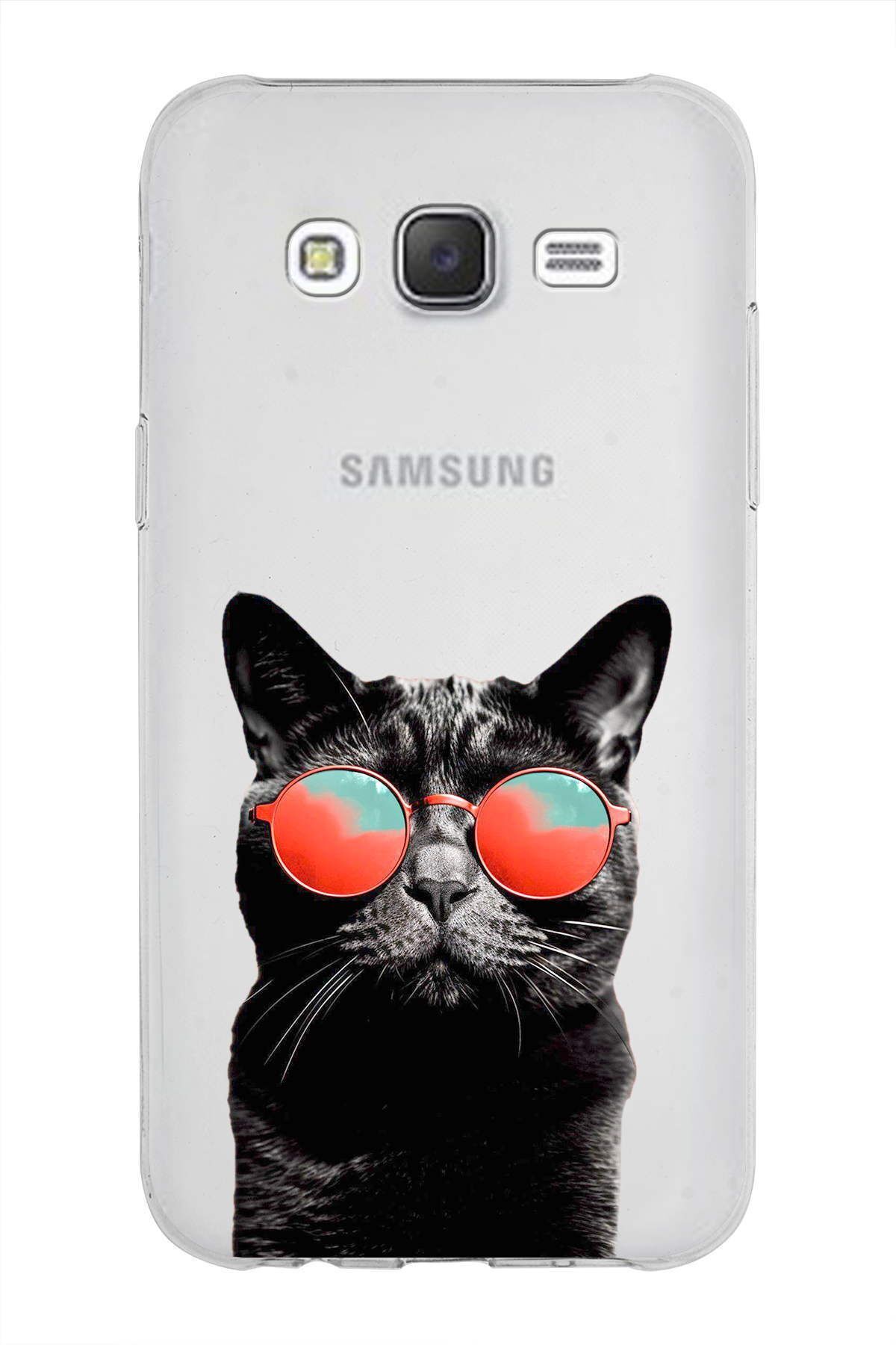 Samsung Galaxy J5 ile Uyumlu 1mm Slim Fit Kedi 3 050d Baskılı Şeffaf Kılıf