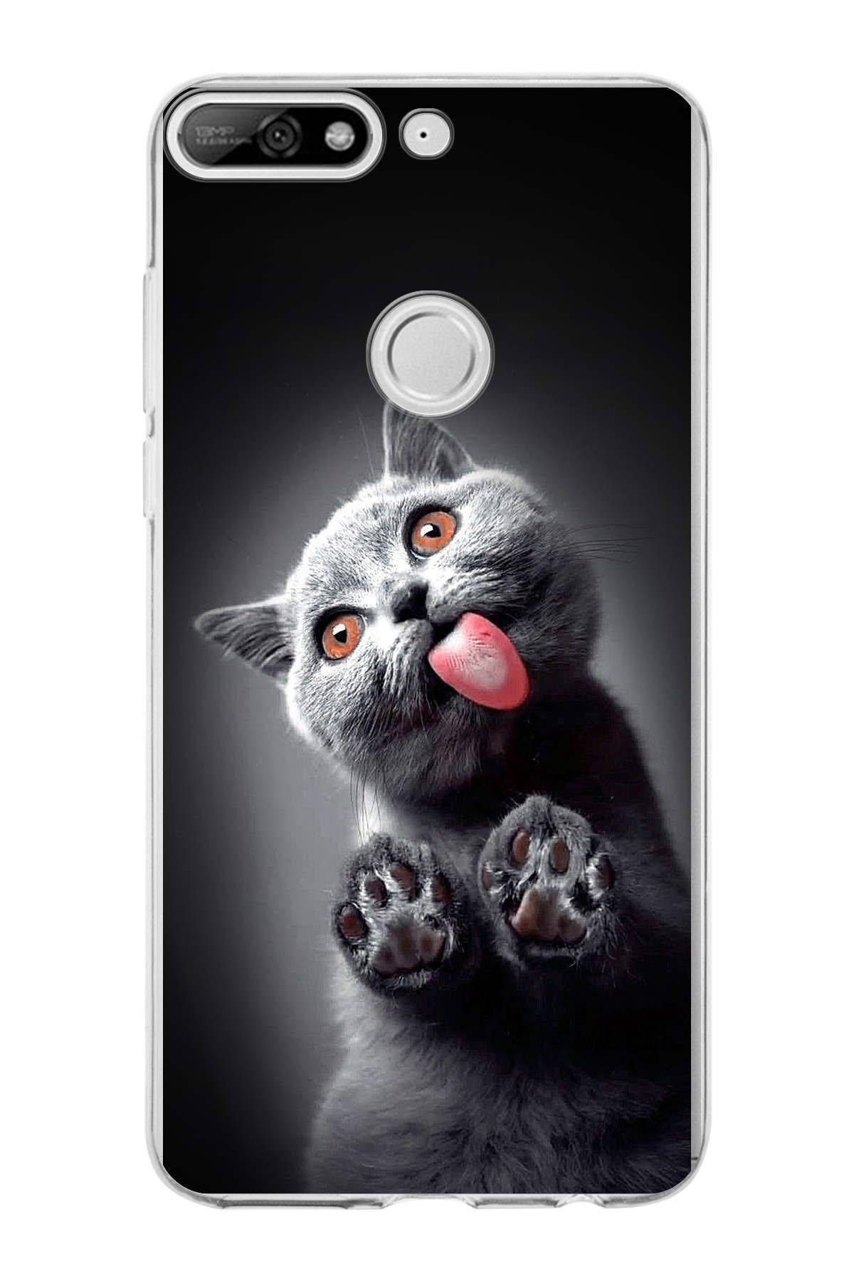 Huawei Y7 2018 ile Uyumlu 1mm Slim Fit Kedi 2 050c Baskılı Şeffaf Kılıf