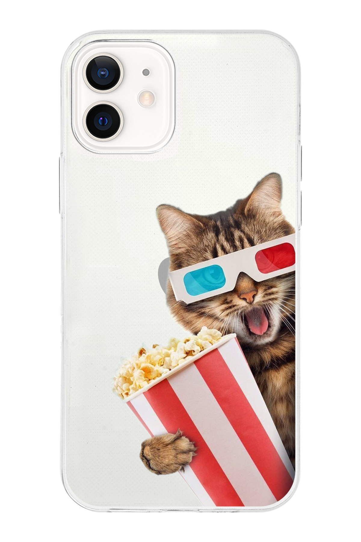 PrintiFy Apple iPhone 12 Mini ile Uyumlu 1mm Slim Fit Kedi 1 050b Baskılı Şeffaf Kılıf