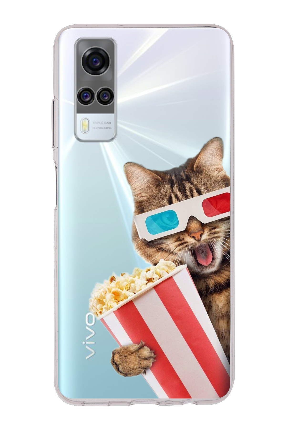 Vivo Y51 2020 ile Uyumlu 1mm Slim Fit Kedi 1 050b Baskılı Şeffaf Kılıf