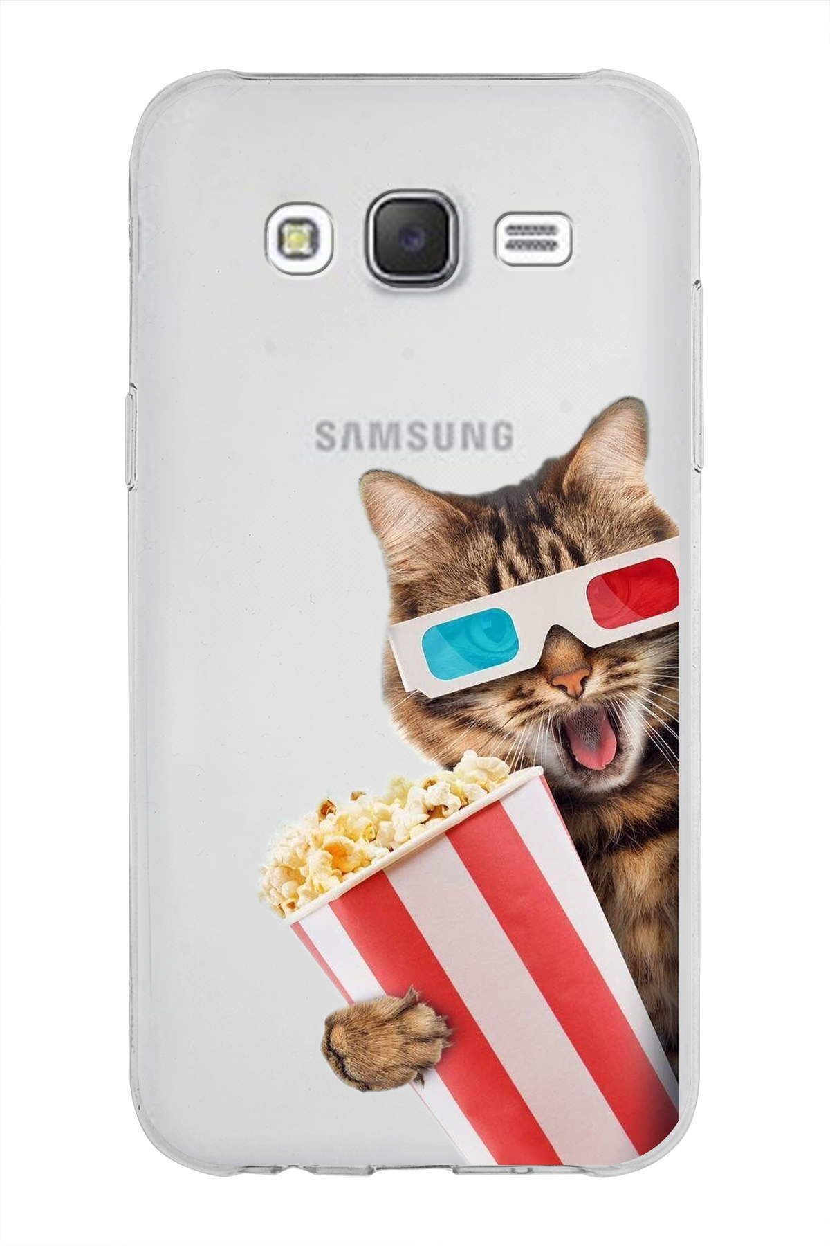 Samsung Galaxy J5 ile Uyumlu 1mm Slim Fit Kedi 1 050b Baskılı Şeffaf Kılıf