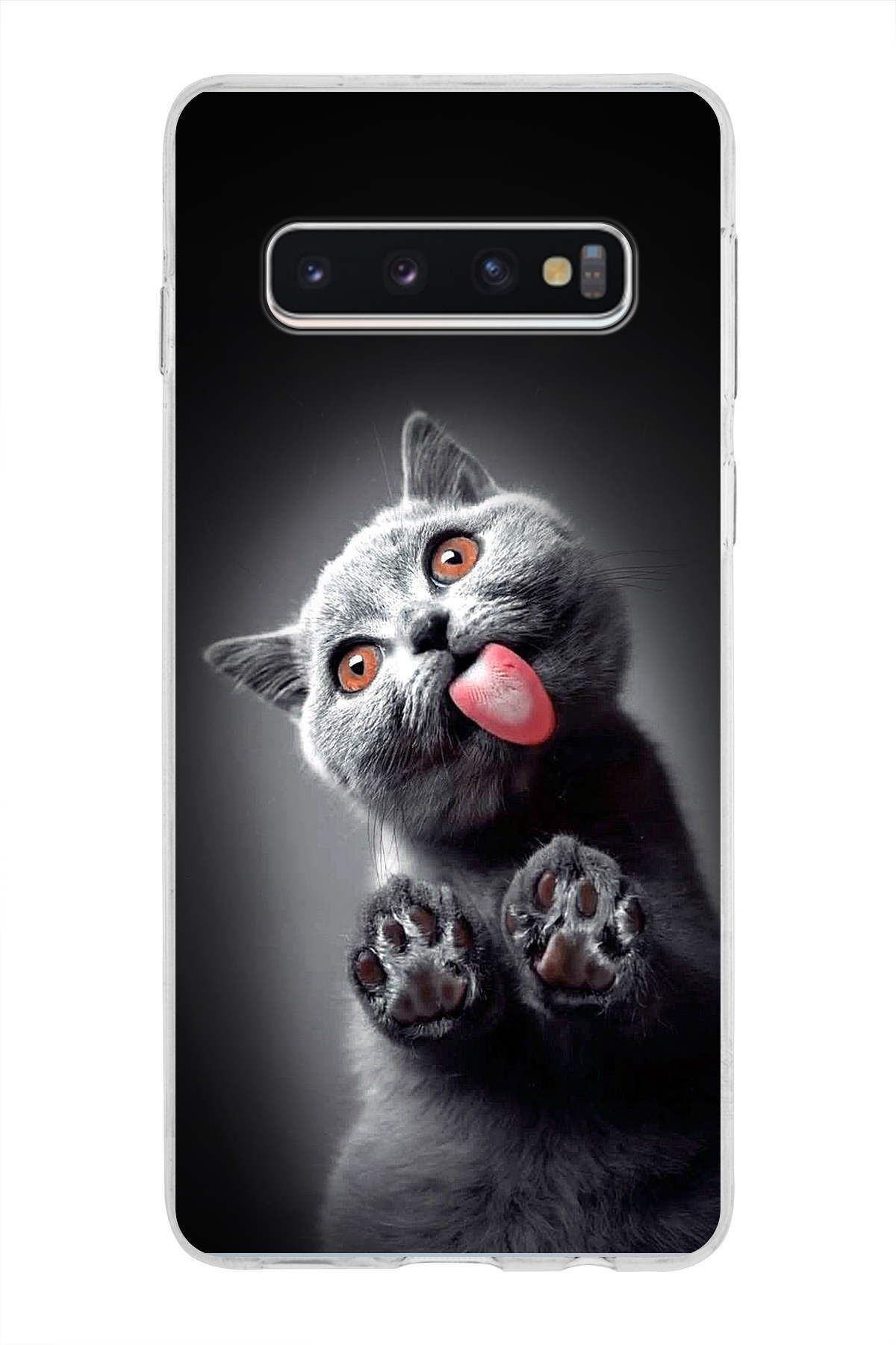 Samsung Galaxy S10 ile Uyumlu 1mm Slim Fit Kedi 2 050c Baskılı Şeffaf Kılıf