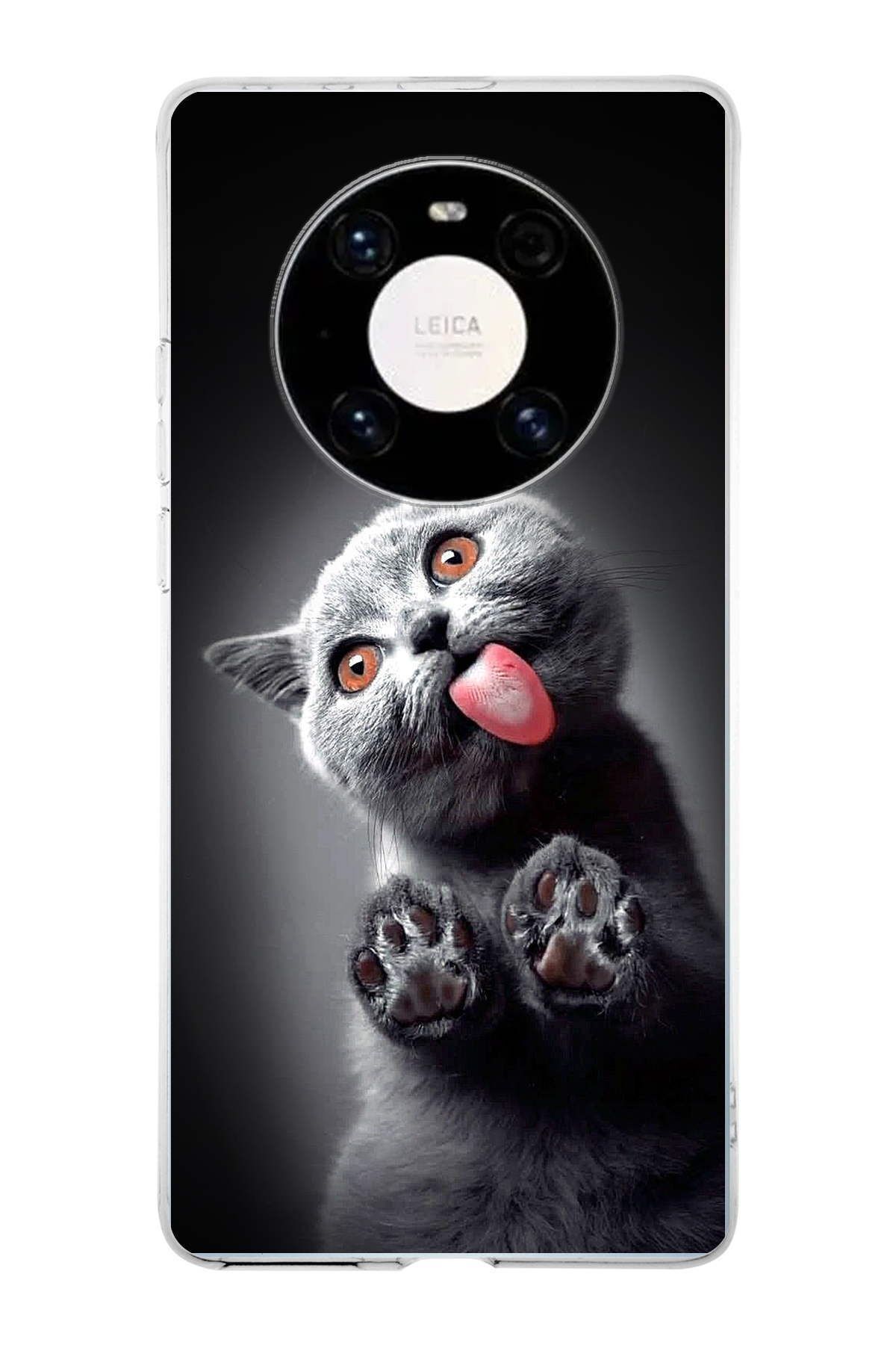 Huawei Mate 40 Pro ile Uyumlu 1mm Slim Fit Kedi 2 050c Baskılı Şeffaf Kılıf