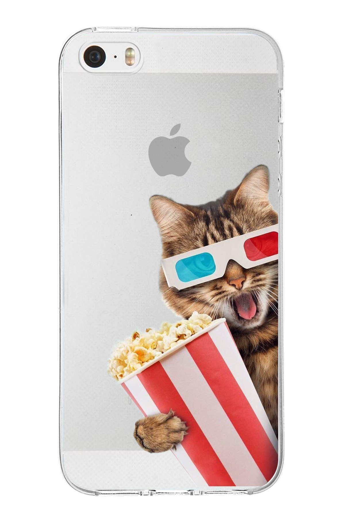 PrintiFy Apple iPhone 5S ile Uyumlu 1mm Slim Fit Kedi 1 050b Baskılı Şeffaf Kılıf