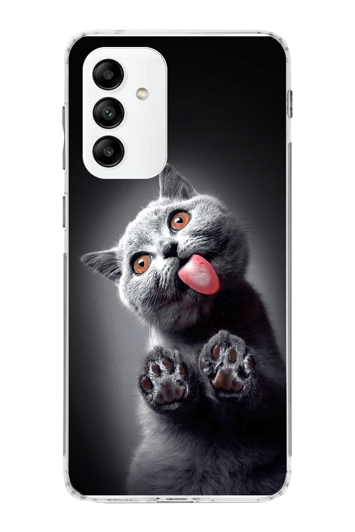 Samsung Galaxy M13 ile Uyumlu 1mm Slim Fit Kedi 2 050c Baskılı Şeffaf Kılıf