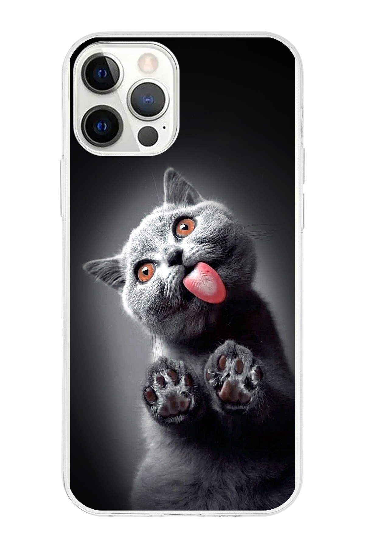 PrintiFy Apple iPhone 12 Pro Max ile Uyumlu 1mm Slim Fit Kedi 2 050c Baskılı Şeffaf Kılıf
