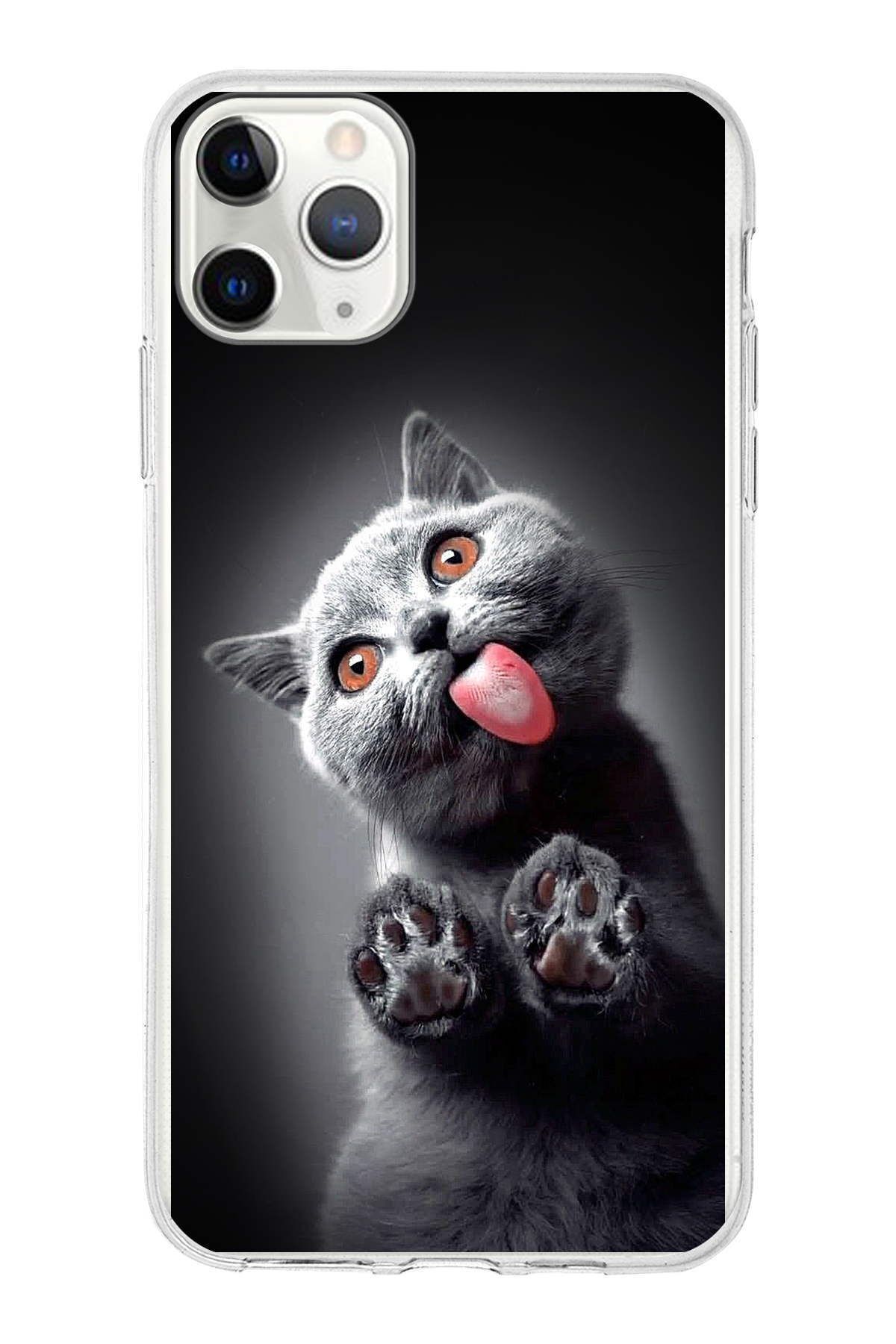 PrintiFy Apple iPhone 11 Pro Max ile Uyumlu 1mm Slim Fit Kedi 2 050c Baskılı Şeffaf Kılıf