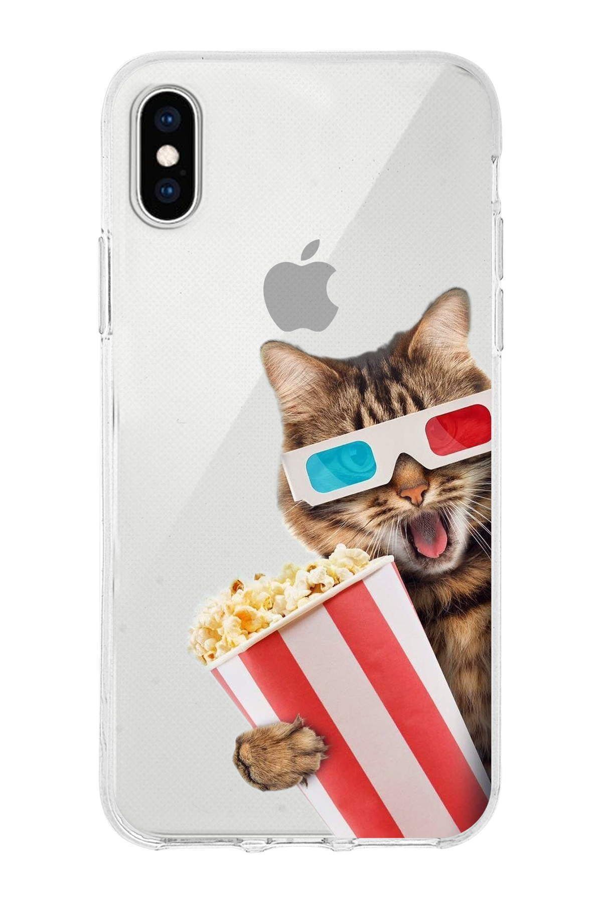PrintiFy Apple iPhone X ile Uyumlu 1mm Slim Fit Kedi 1 050b Baskılı Şeffaf Kılıf