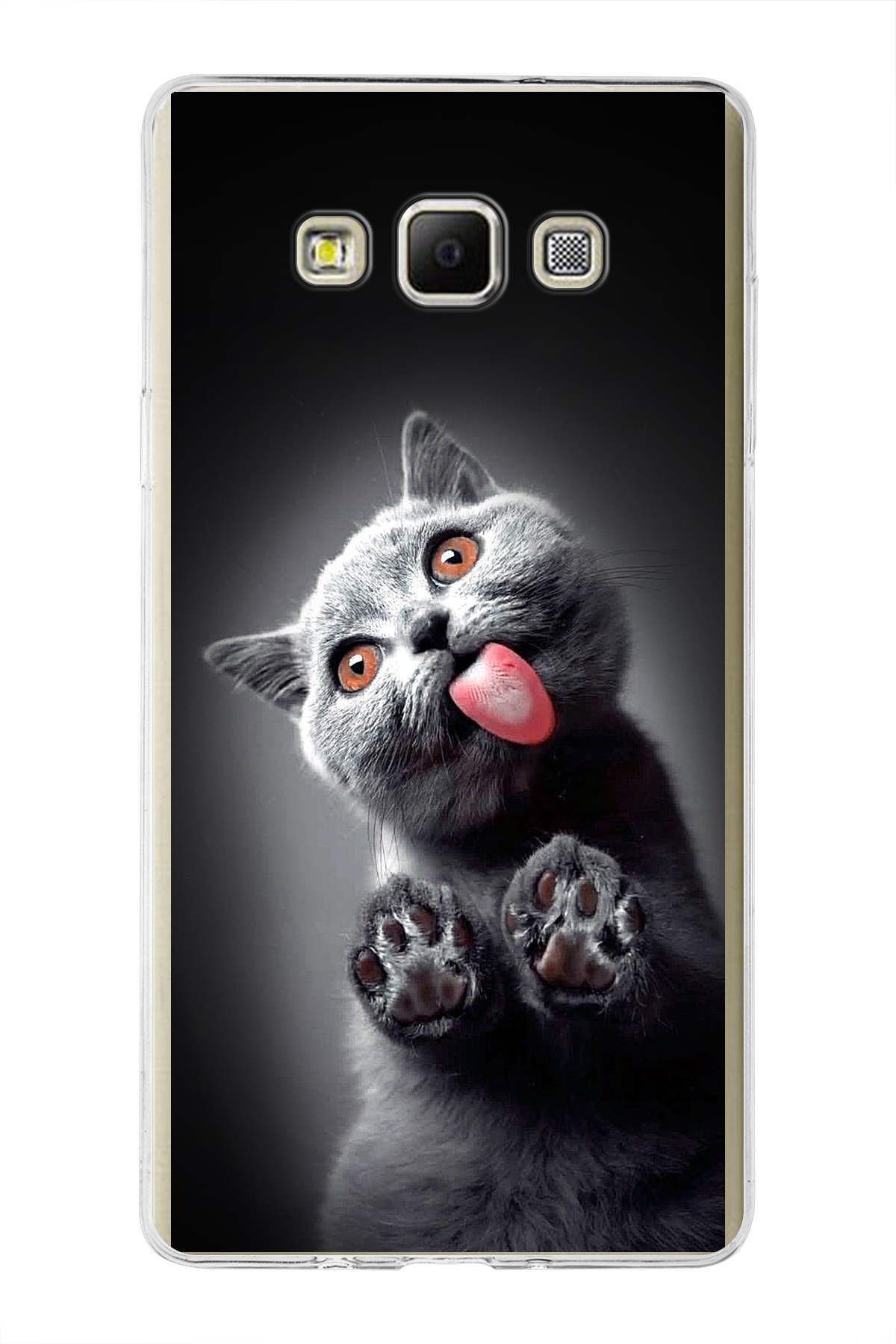 Samsung Galaxy A7 ile Uyumlu 1mm Slim Fit Kedi 2 050c Baskılı Şeffaf Kılıf