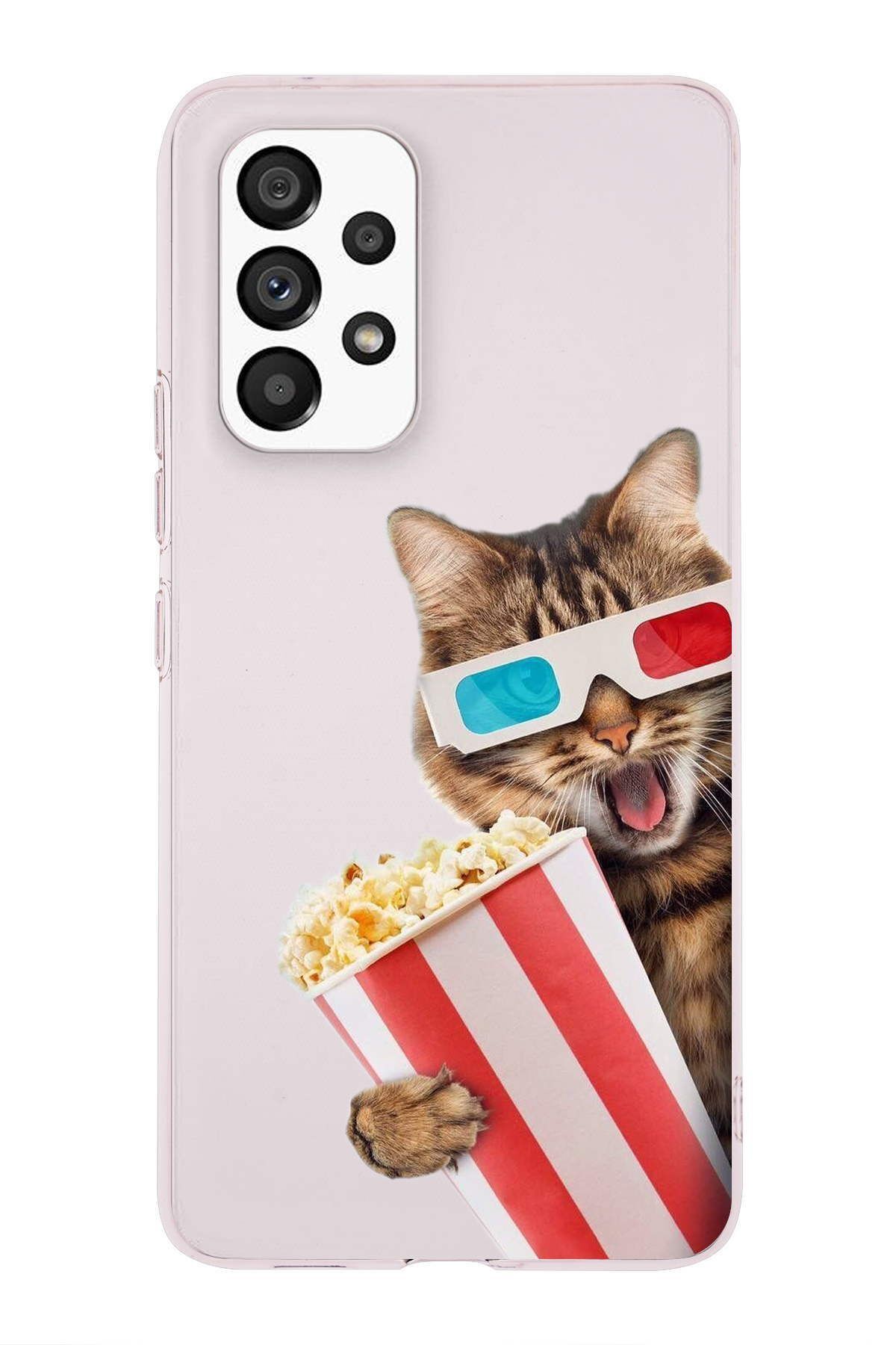 Samsung Galaxy A53 ile Uyumlu 1mm Slim Fit Kedi 1 050b Baskılı Şeffaf Kılıf